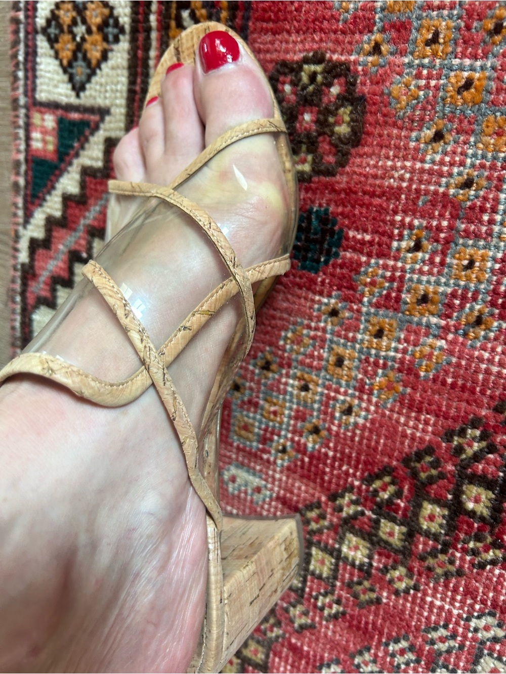 Vaneli Clear PVC Strappy Cork Block Heel in Tan